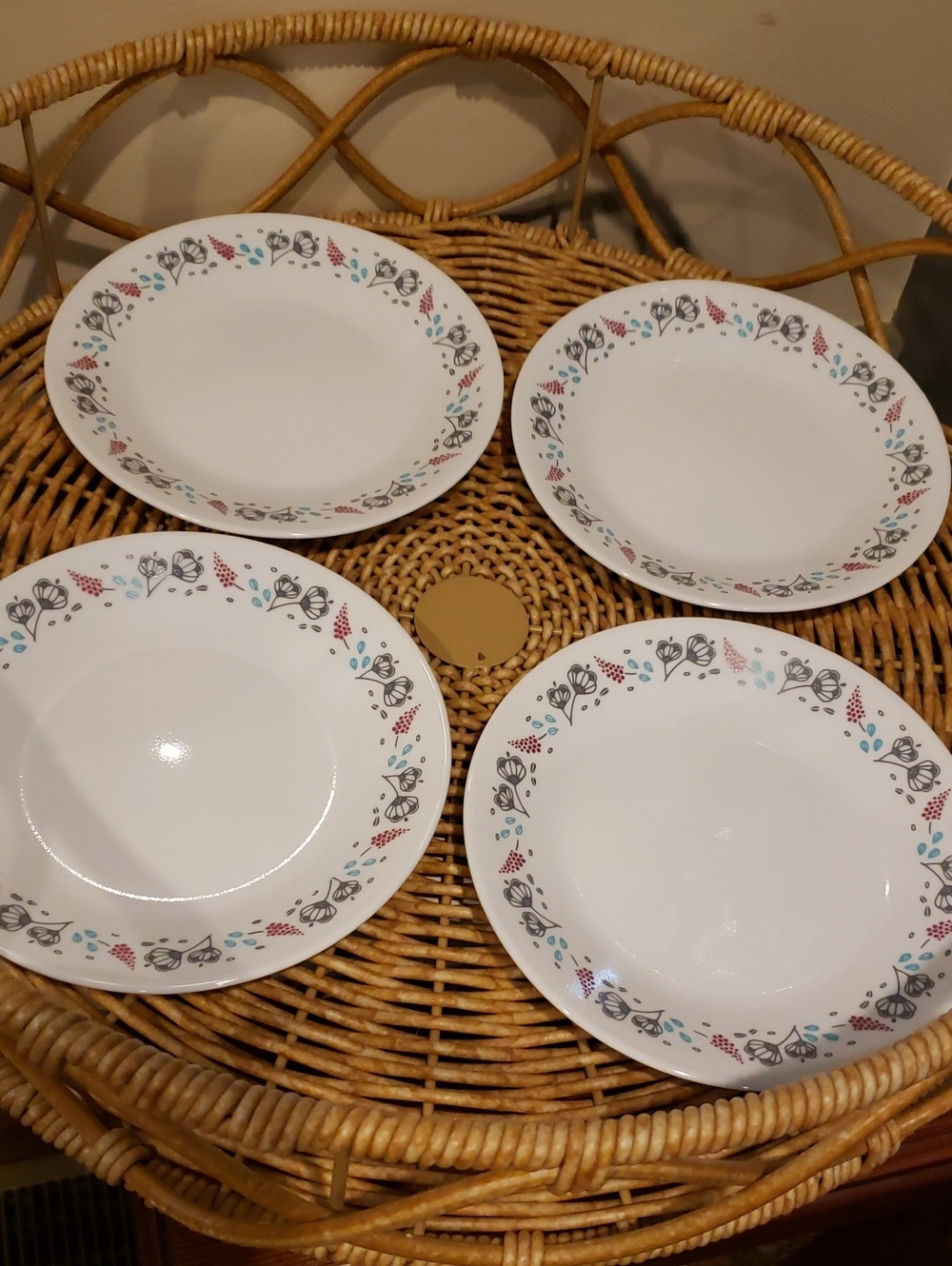 Corelle Nordic Bloom Bread Plates with Teal, Gray and Red Floral Border